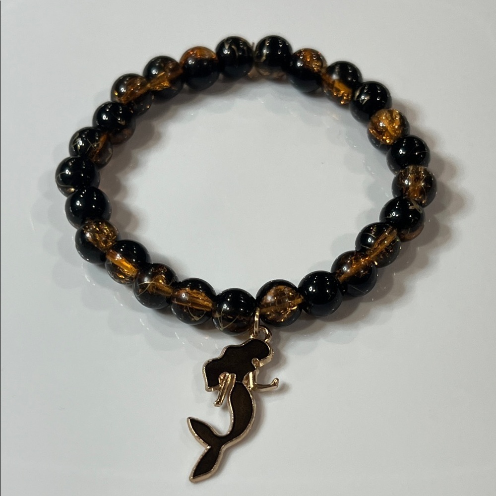 Black and Gold Beaded Bracelet with Mermaid Charm